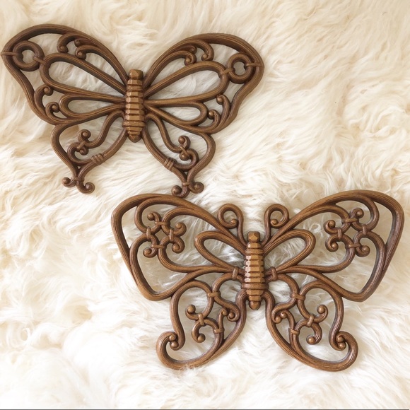 Vintage Brown Syroco Butterfly Wall Decor Set Boho